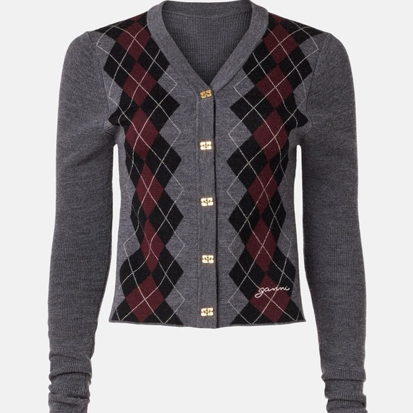 Ganni Sweaters - GANNI Fine Merino Jacquard Cardigan, 6 (flaw & buttons missing)